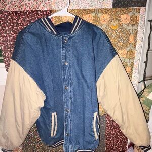 Men's Denim Bomber Jacket with Cream Sleeves